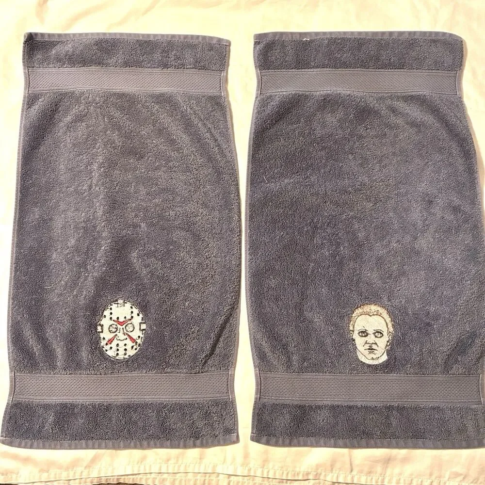Jason Mask Michael Meyers Set of Hand Towels Embroidered Halloween Decor